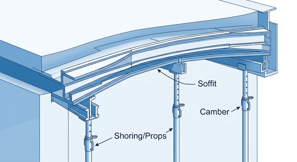 Formwork technical definitions diagram Soffit, Shoring, and Camber