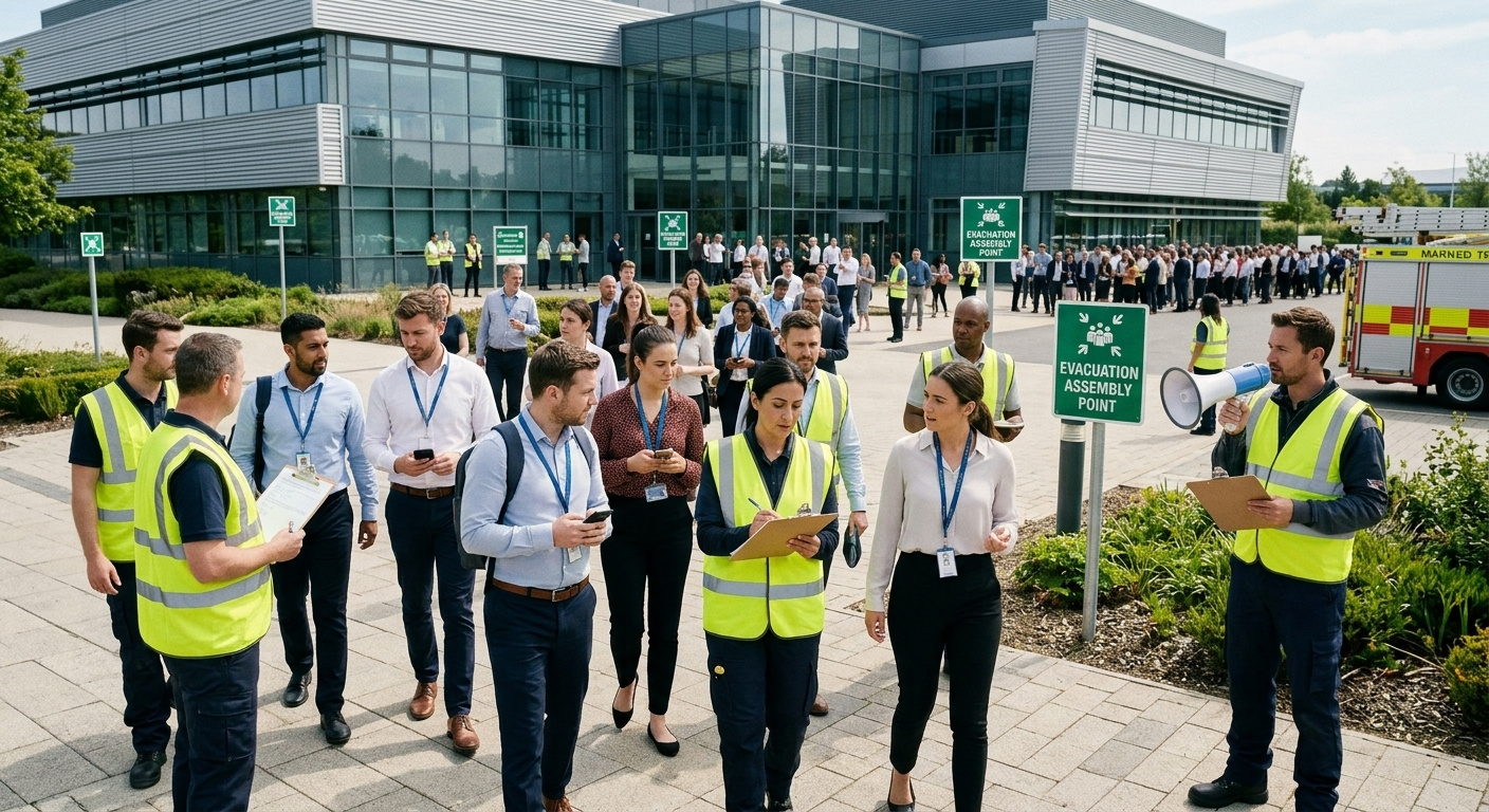 Employees building ke bahar safety drill kartay hue.