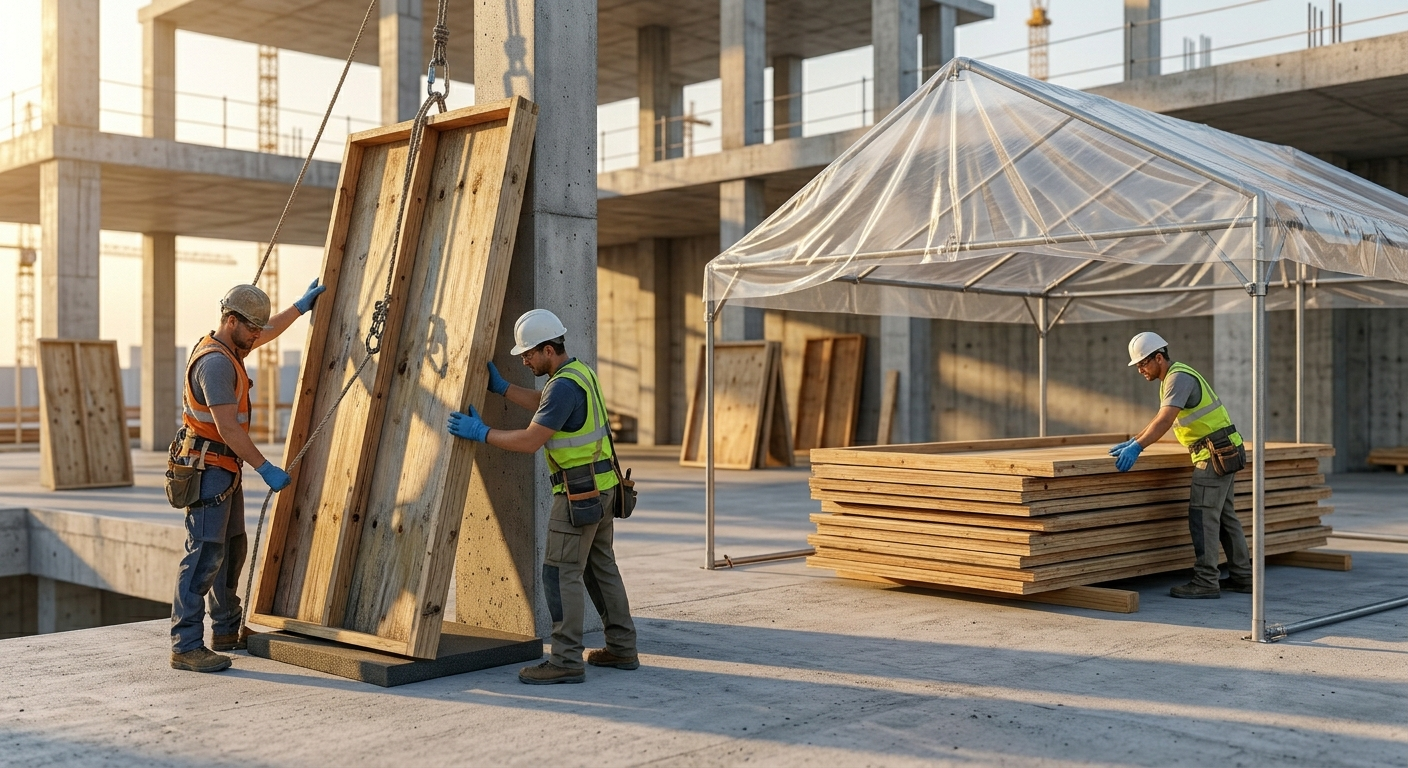 Construction workers safely lowering formwork panels with ropes and stacking them neatly under a protective canopy.