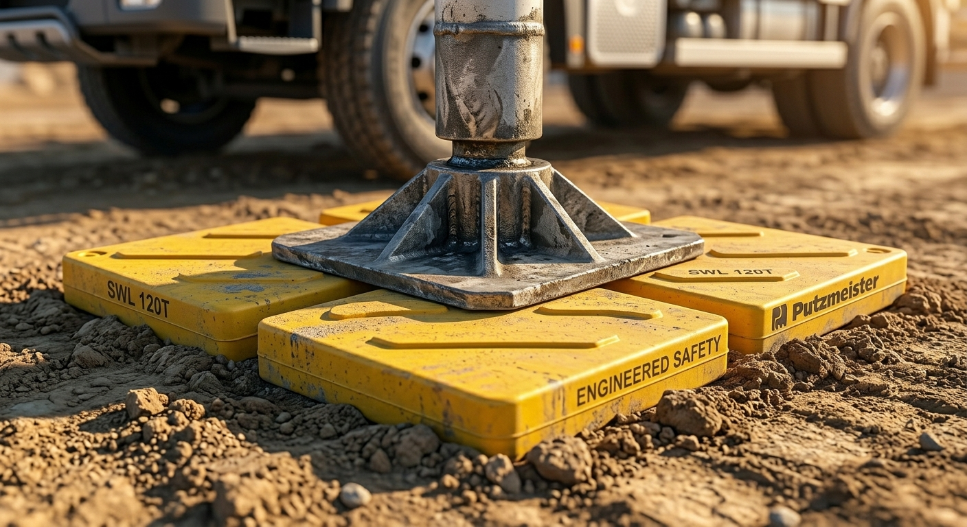Close-up of a concrete pump outrigger foot on a yellow engineered safety mat to ensure weight distribution and prevent ground collapse.