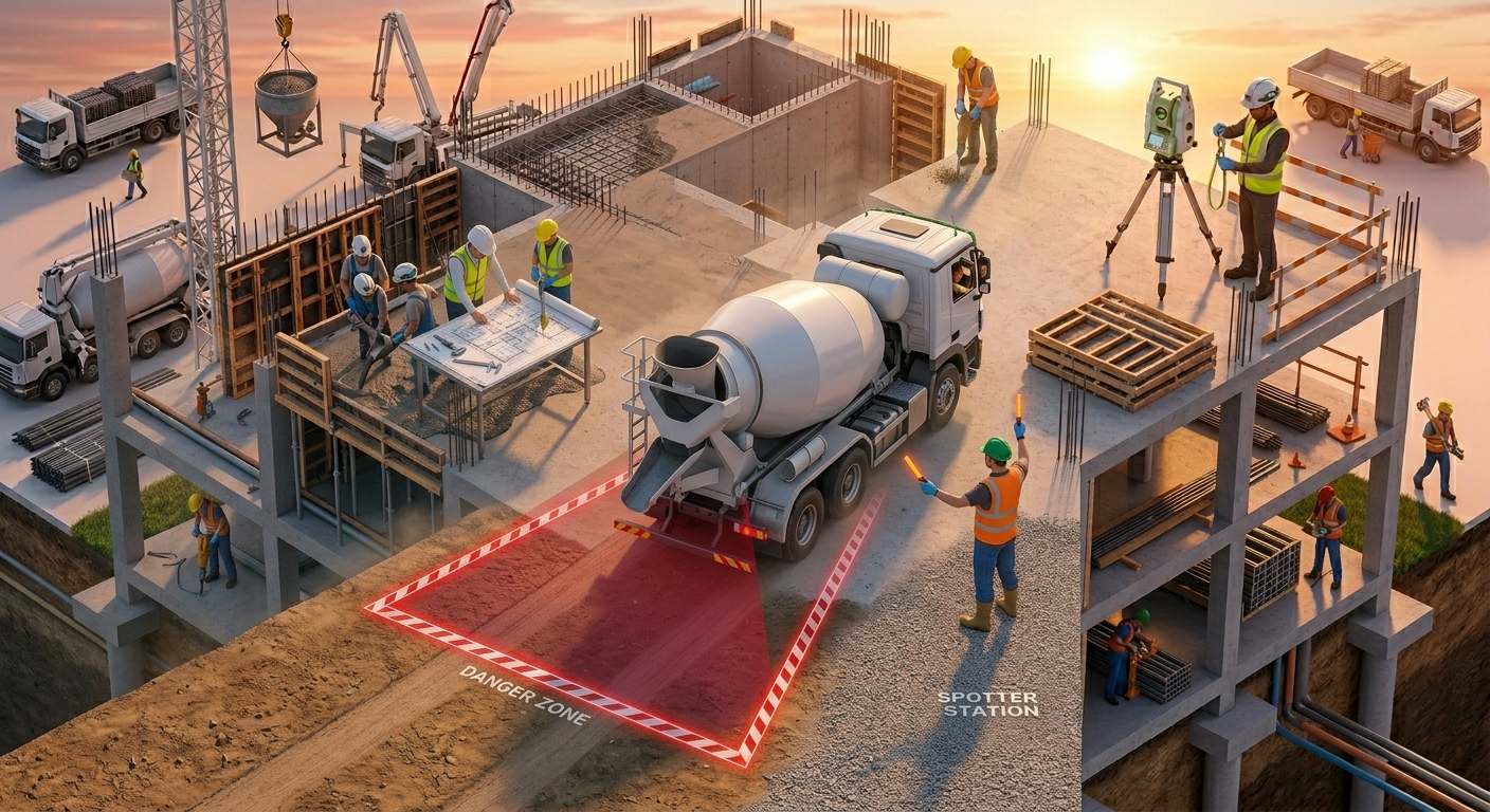 Top-down view of a concrete mixer truck reversing safely with a designated spotter positioned outside the highlighted danger zone.