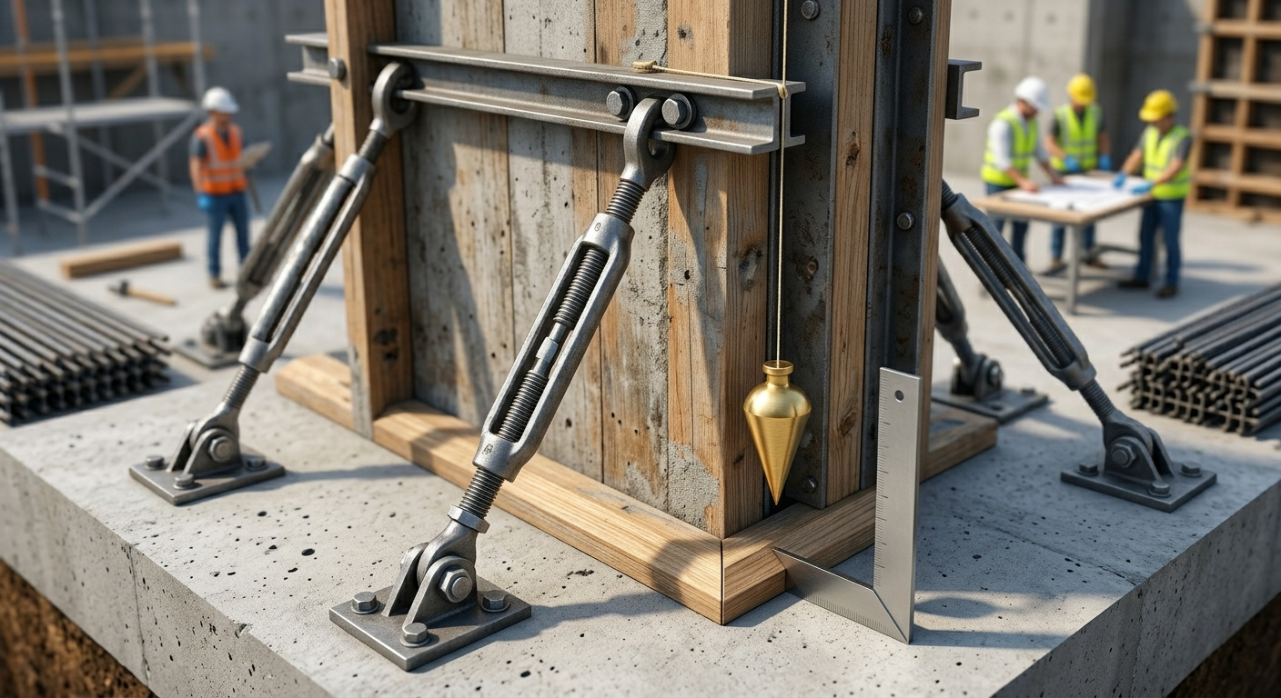 Close-up of vertical wooden formwork aligned with steel braces and a plumb bob, featuring a 20mm corner chamfer strip.