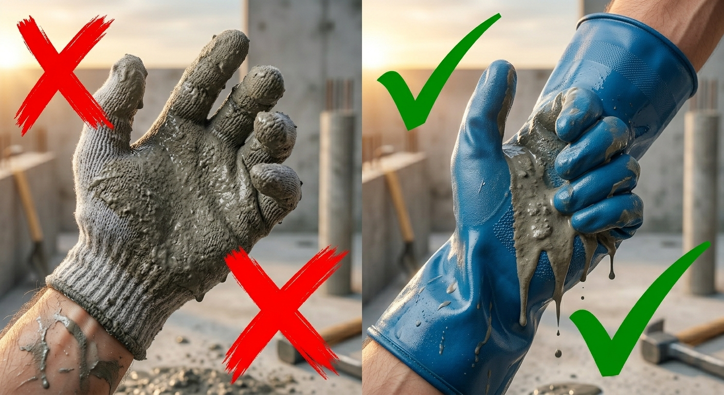 Comparison of PPE for concrete work: porous cotton gloves (unsafe) versus impermeable blue nitrile gauntlets (safe) to prevent chemical burns.