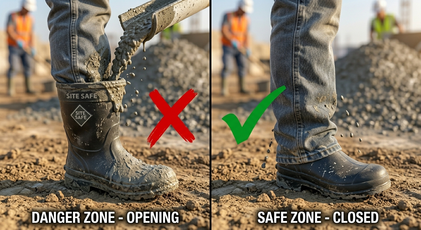 Correct PPE alignment showing pants worn over rubber boots to prevent caustic wet concrete from entering the footwear and causing skin burns.