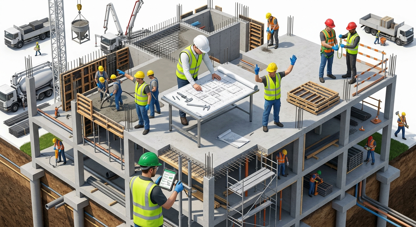 Isometric view of a construction site showing a site engineer, foreman, QA inspector, and safety officer performing their respective duties.