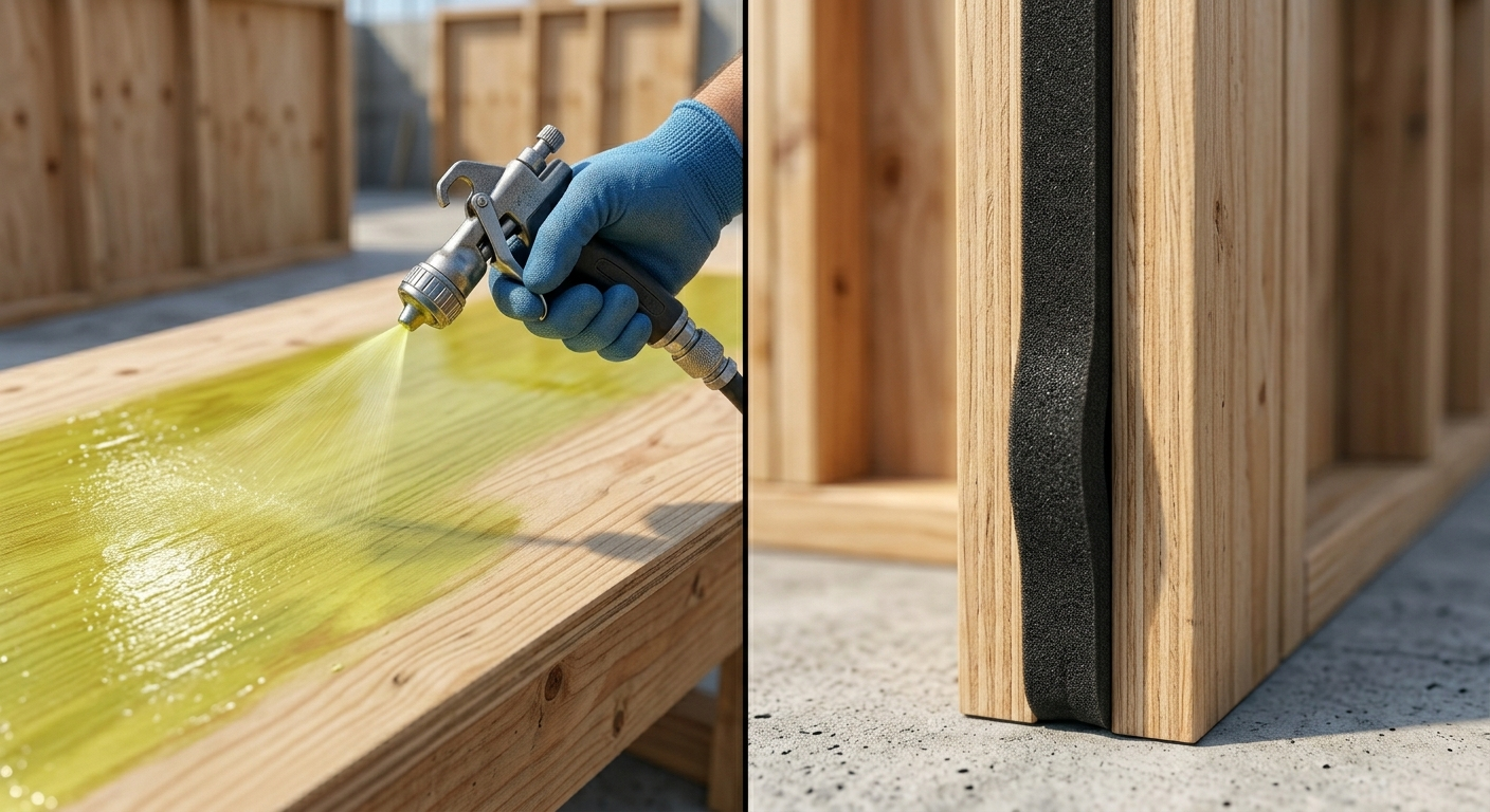 Split-screen showing the application of form release agent on the left and black foam tape sealing a formwork joint on the right.