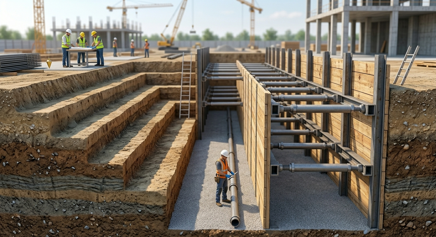3D cross-section of a deep trench showing stepped benching on one side and hydraulic steel shoring on the other for safety.