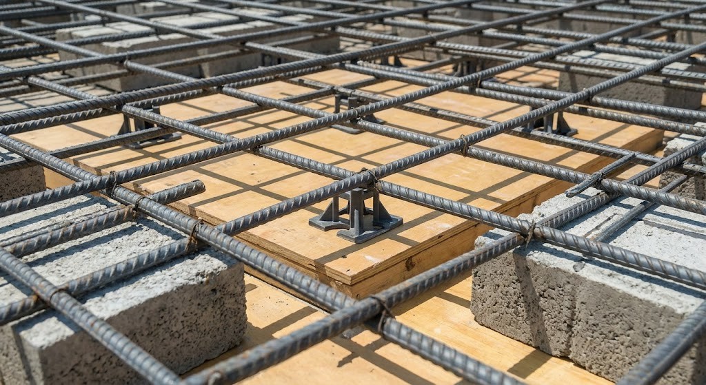 PVC chairs and pre-cast concrete blocks used during the rebar installation process to maintain proper concrete cover.