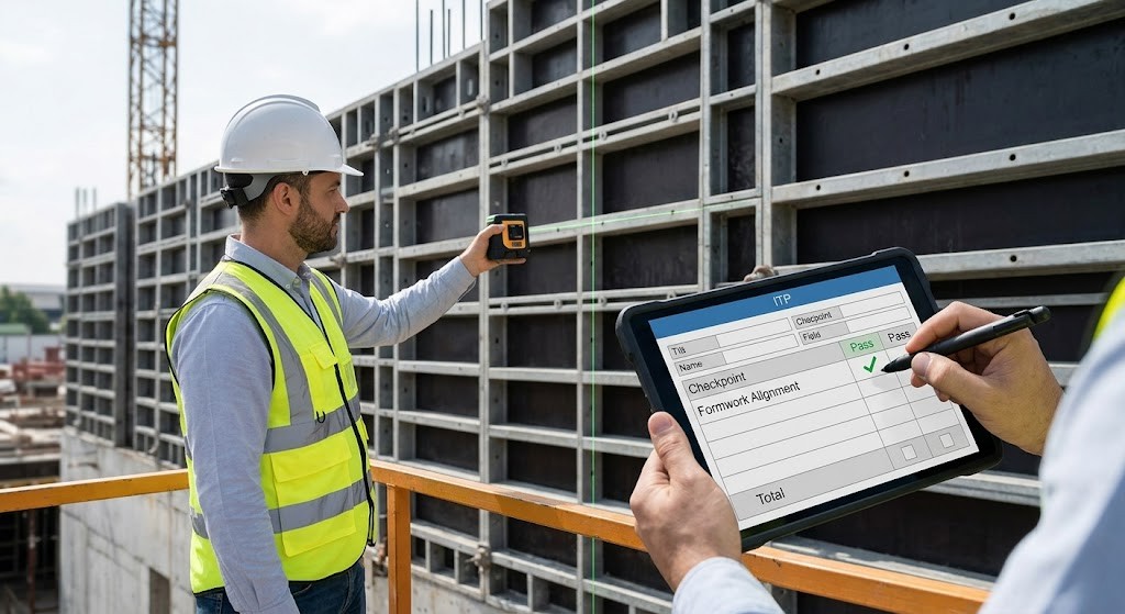 QA QC Engineer performing a final ITP inspection before concrete pour
