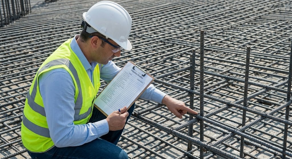 QA/QC civil engineer performing a site inspection using a standard rebar inspection checklist before a concrete pour.