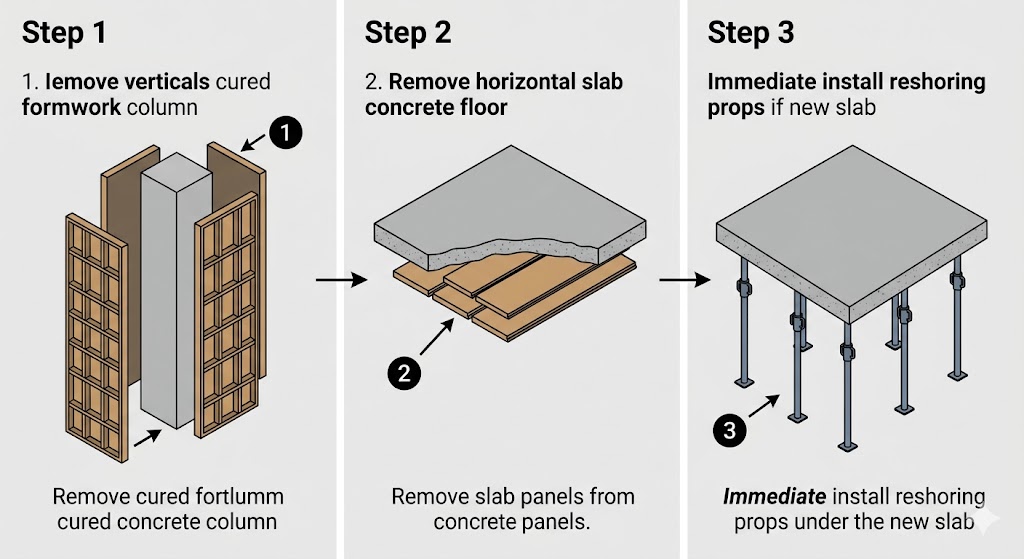 Sequential stripping and reshoring of concrete formwork