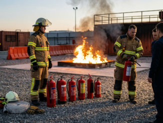 basic fire fighting training concept with firefighter equipment and fire safety tools