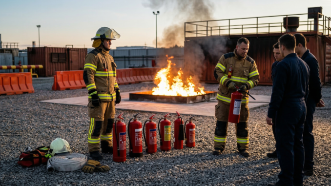 basic fire fighting training concept with firefighter equipment and fire safety tools