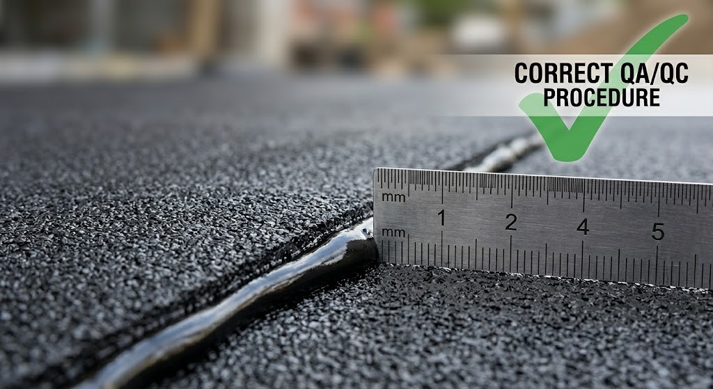 Close-up of a torched bituminous membrane seam showing the required 3 to 6 millimeter melted asphalt bleed-out being measured by a metal gauge.