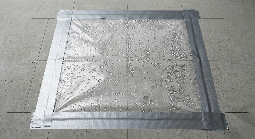 Clear plastic sheet taped to a concrete floor showing condensation underneath, demonstrating a failed 16-hour moisture tape test.