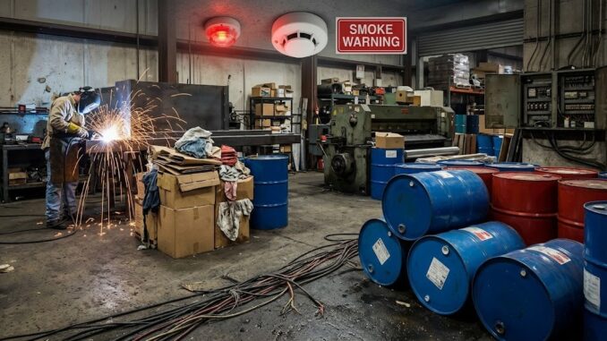 industrial fire hazards including chemical containers and sparks