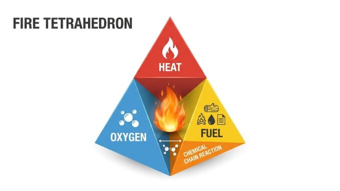 fire tetrahedron diagram heat fuel oxygen chemical chain reaction