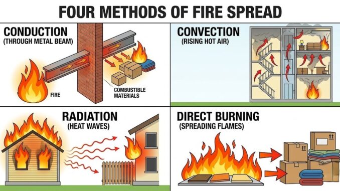 fire spread methods conduction convection radiation direct burning