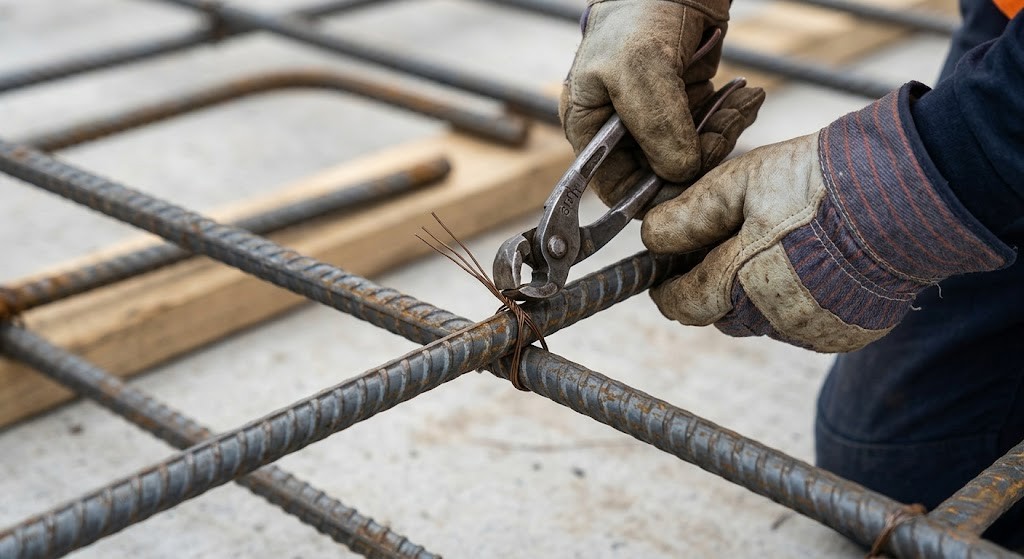 Steel fixing method using heavy-duty pliers and approved binding wire to secure a deformed steel rebar network.