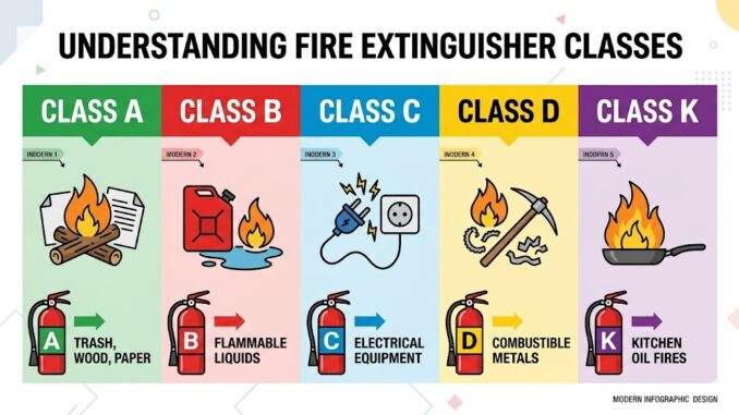 fire extinguisher classes A B C D K infographicv