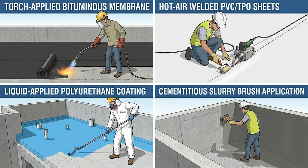 Four quadrant illustration showing the application methods of bituminous, synthetic PVC, liquid polyurethane, and cementitious waterproofing systems.