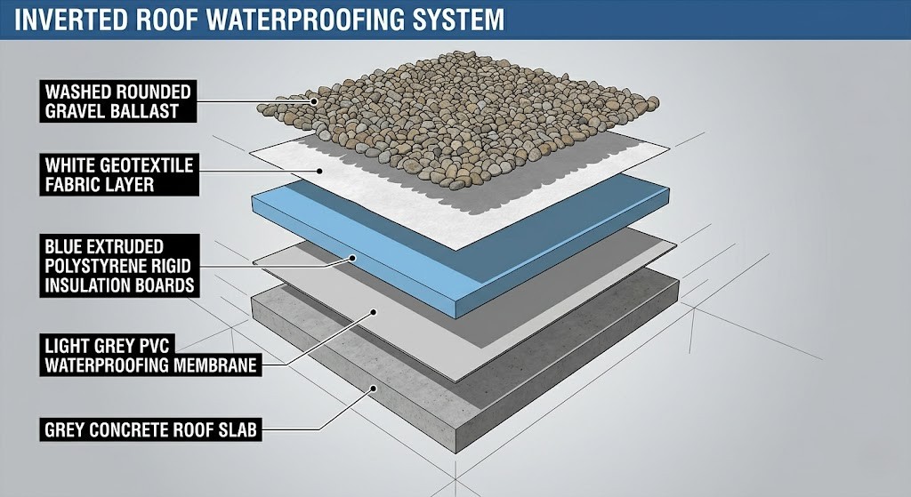 3D exploded diagram of an inverted roof waterproofing system showing concrete slab, PVC membrane, thermal insulation, geotextile, and gravel ballast.