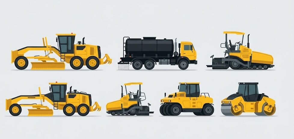 Vector illustration of essential asphalt paving equipment including paver machines, vibratory rollers, and bitumen sprayers.
