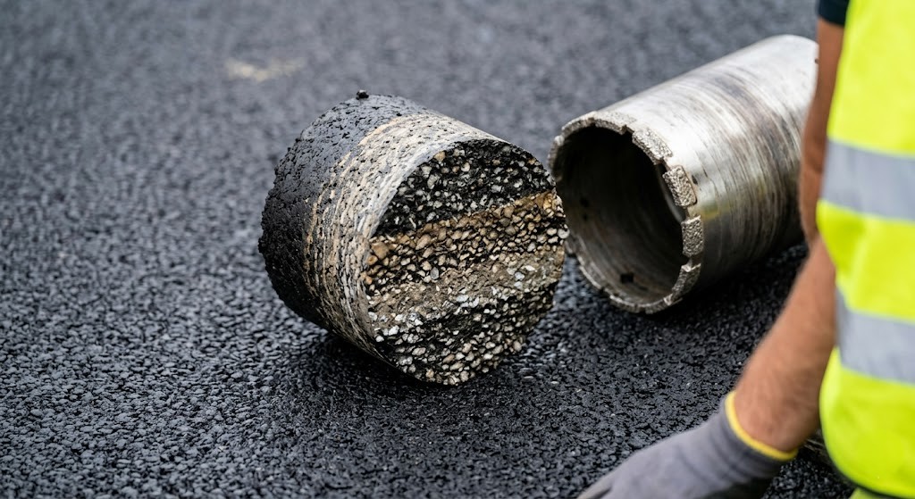 Close-up of a cylindrical asphalt core sample extracted from a newly paved road for laboratory quality control testing.
