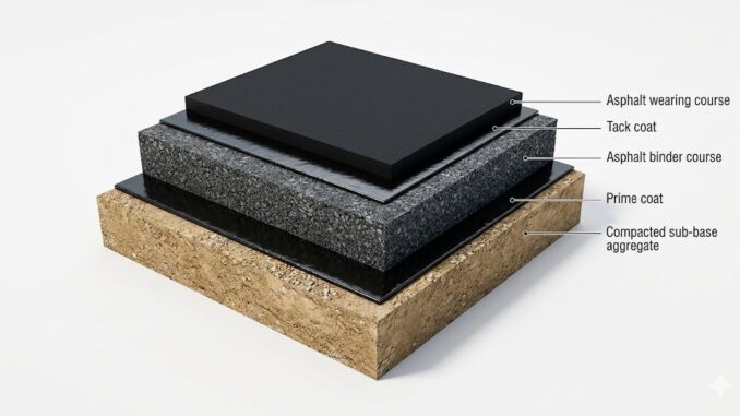 3D isometric cross-section diagram showing asphalt road layers: sub-base, prime coat, binder course, tack coat, and wearing course.