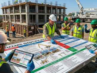 Site managers and engineers reviewing the hazard identification guide at an industrial construction site.