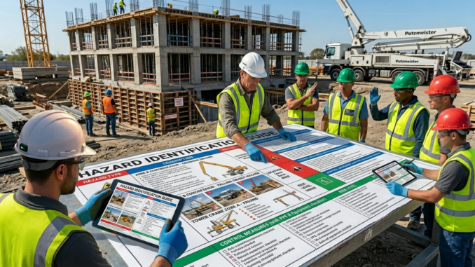 Site managers and engineers reviewing the hazard identification guide at an industrial construction site.