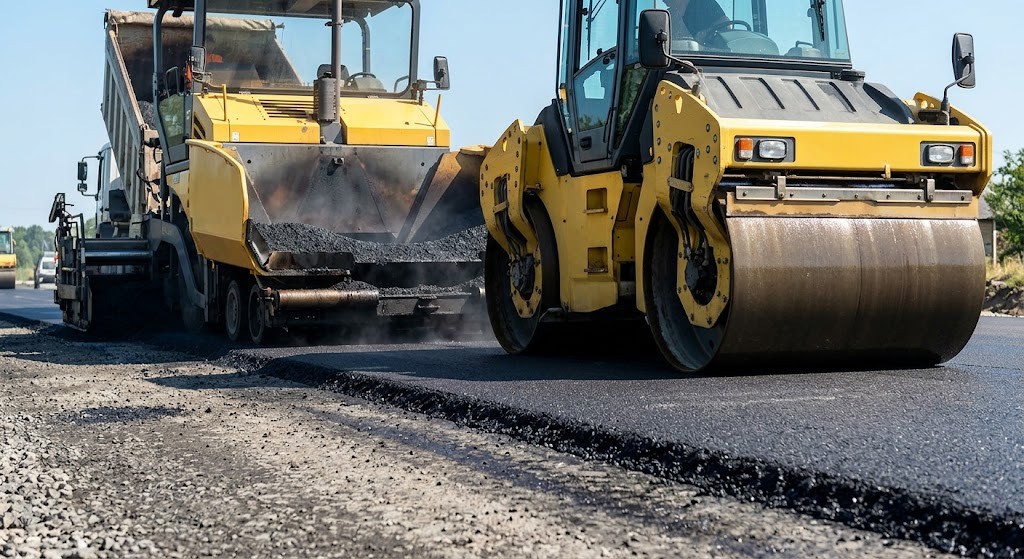 Construction crew using an asphalt paver machine to lay hot mix asphalt, followed immediately by a tandem roller for compaction.