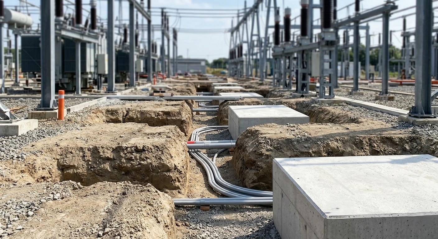 Mini-excavator and worker carefully excavating soil near an existing concrete foundation, demonstrating precise and safe construction practice near active equipment.