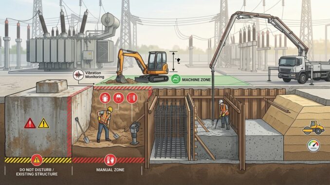Professional construction of substation foundations and cable trenches adjacent to active high-voltage infrastructure