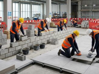 Professional workers performing Block Masonry and Tiles Installation following strict safety guidelines.