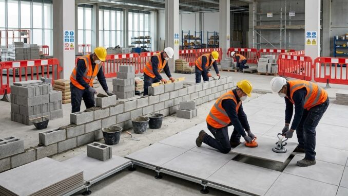 Professional workers performing Block Masonry and Tiles Installation following strict safety guidelines.
