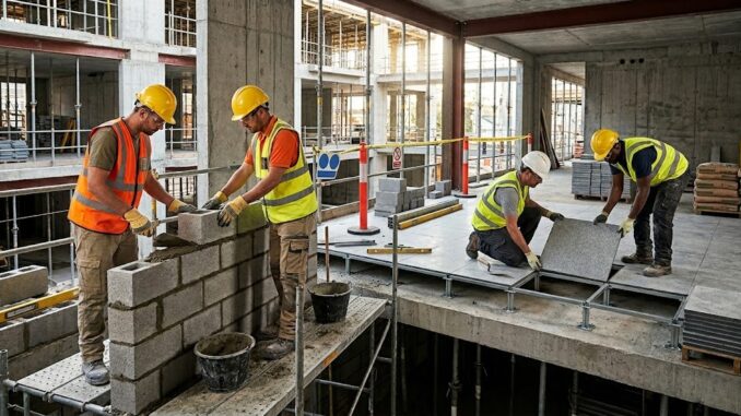 Construction workers safely performing block masonry and floor tile installation with proper personal protective equipment.