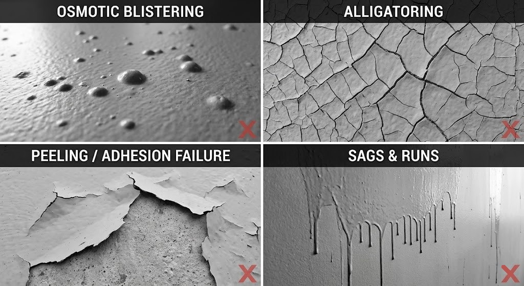 A visual diagnostic grid showing common construction coating defects including osmotic blistering, alligatoring, peeling adhesion failure, and sags.