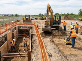 Heavy machinery and workers implementing strict construction excavation safety protocols alongside secure trenching