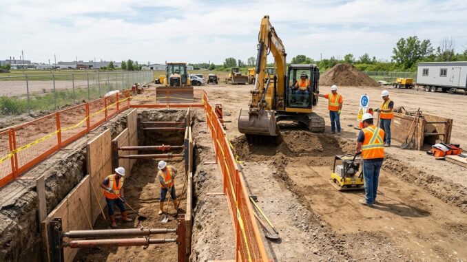 Heavy machinery and workers implementing strict construction excavation safety protocols alongside secure trenching