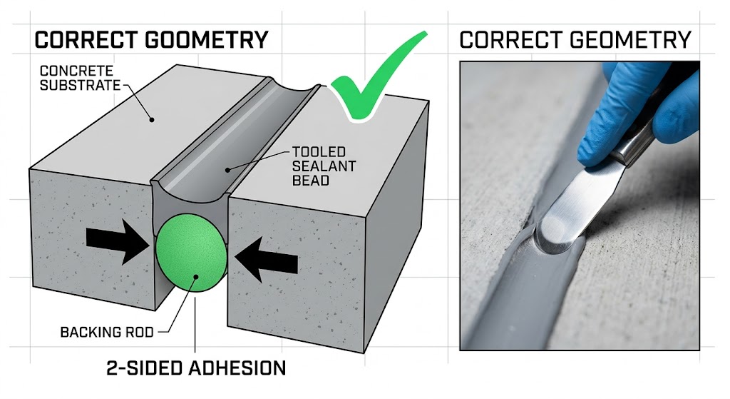 Technical diagram showing correct joint sealant application with a backing rod to ensure proper adhesion.