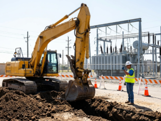 ellow excavator digging a trench near an energized electrical substation with a safety spotter directing the work.