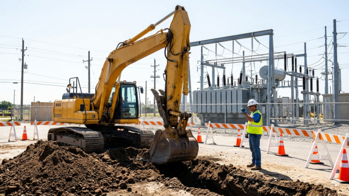 ellow excavator digging a trench near an energized electrical substation with a safety spotter directing the work.