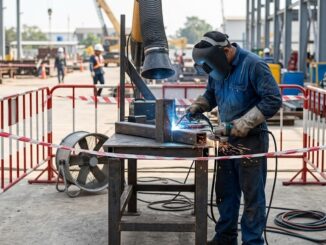 Construction worker safely performing hot works following a JSA welding and grinding procedure