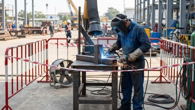 Construction worker safely performing hot works following a JSA welding and grinding procedure