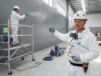 A construction foreman holding an approved painting method statement document on site, with a painter working safely in PPE on an inspected scaffold.