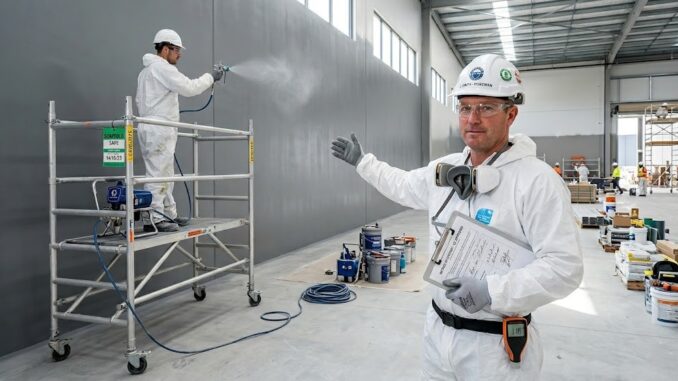 A construction foreman holding an approved painting method statement document on site, with a painter working safely in PPE on an inspected scaffold.
