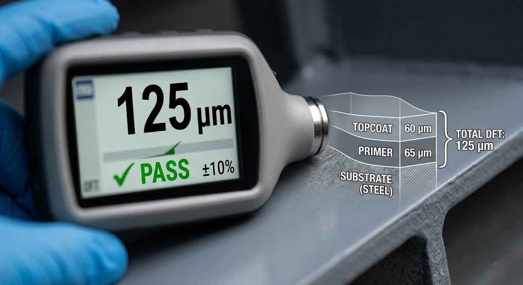 A digital coating thickness gauge used in a QA/QC painting procedure measuring a cured paint layer at 125 microns, indicating a PASS result.
