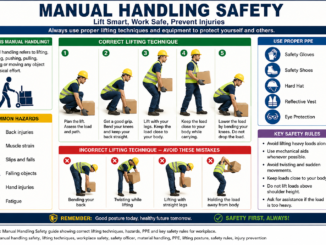 Manual Handling Safety lifting techniques and workplace safety infographic.