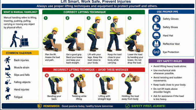 Manual Handling Safety lifting techniques and workplace safety infographic.
